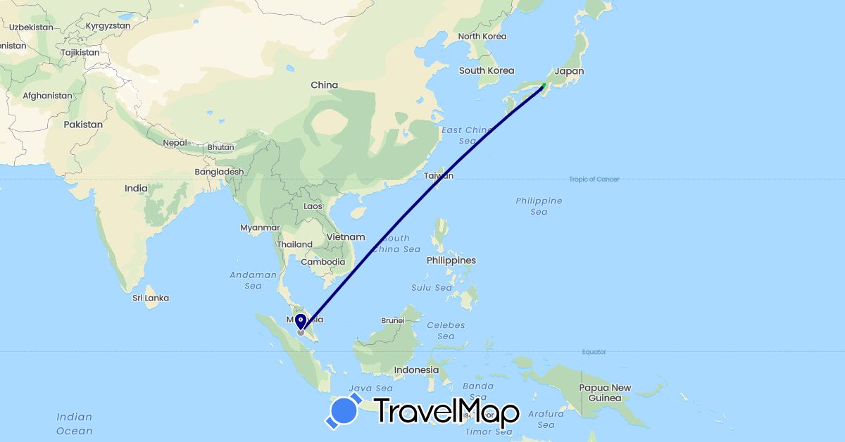 TravelMap itinerary: driving, bus, plane in Japan, Malaysia (Asia)
